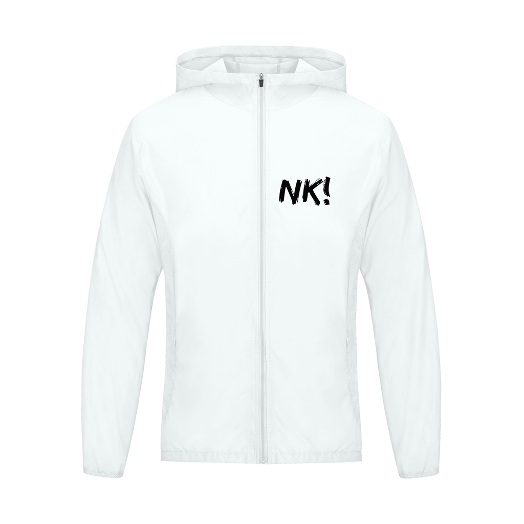 White hoodie with 'NK!' text on a white background