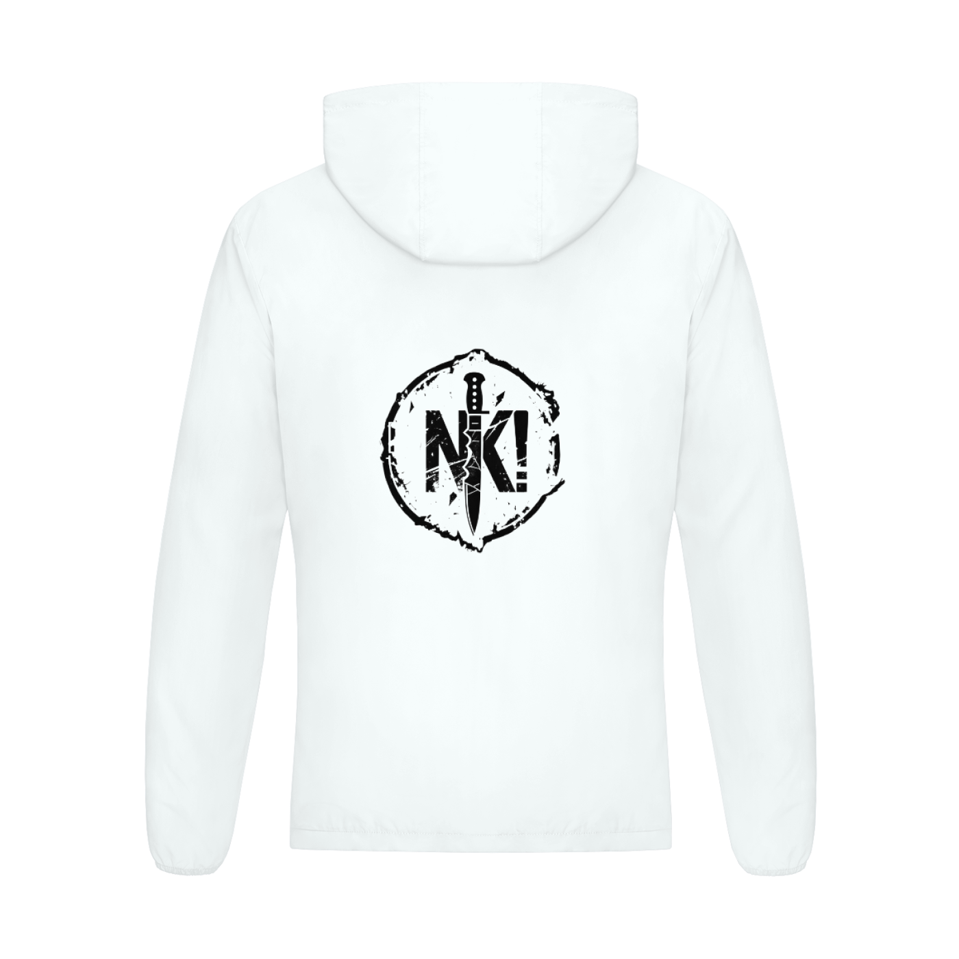 White hoodie with a black logo on the back against a white background