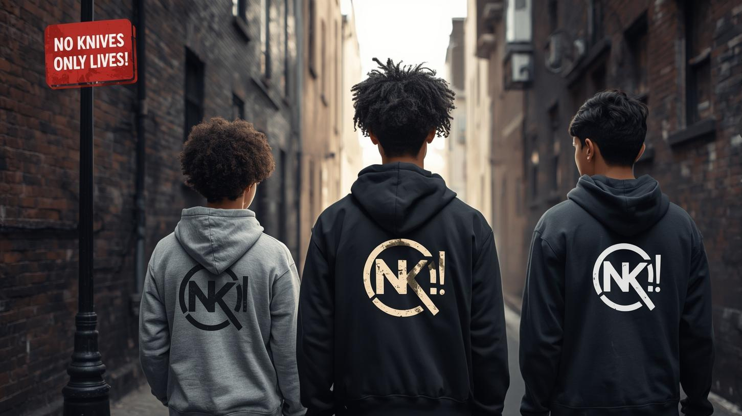 Three people wearing hoodies with 'NK!' logos walking down a street.